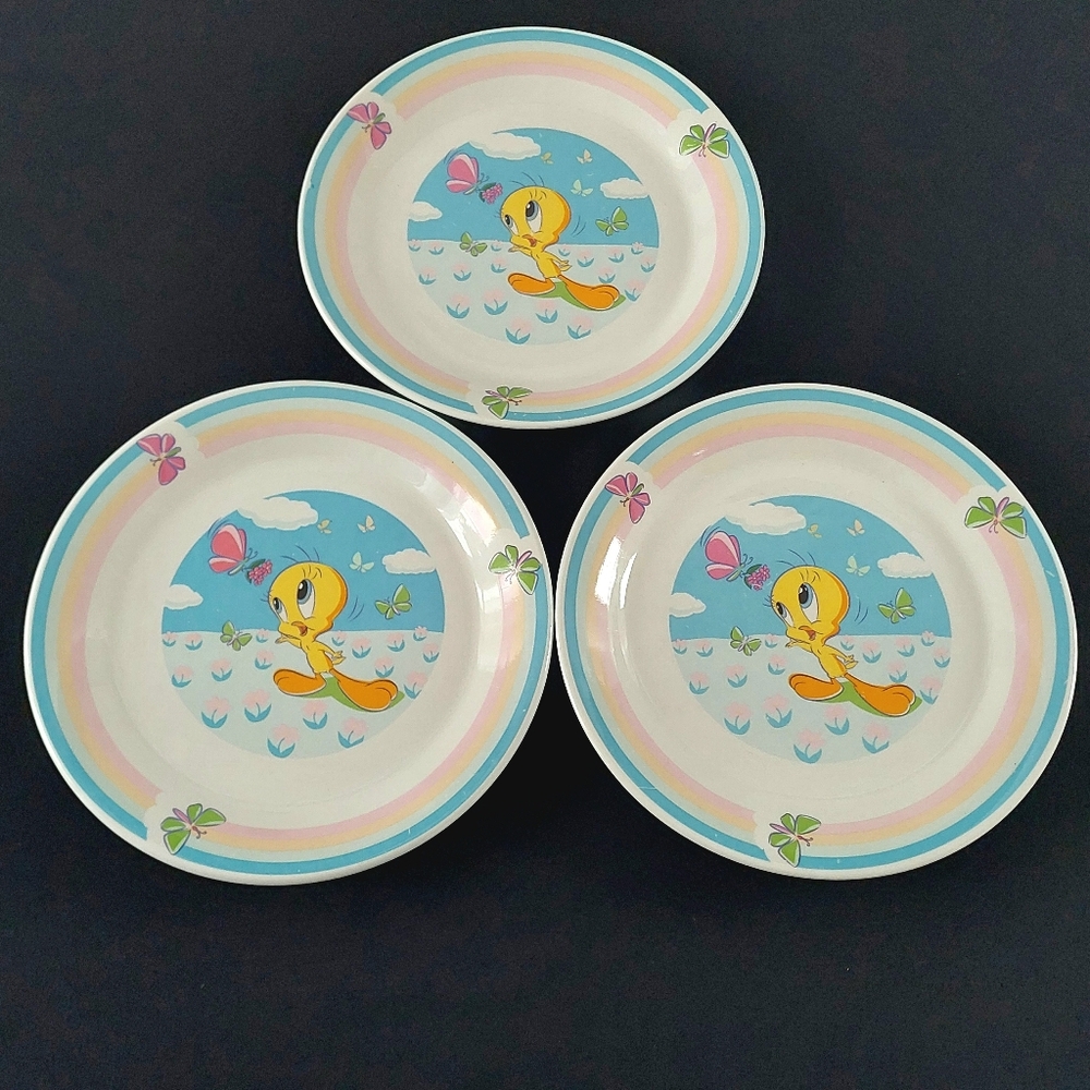 Tweety Bird Dinner Plate Set, 90s Gibson Looney Tunes Rainbow Butterfly Design